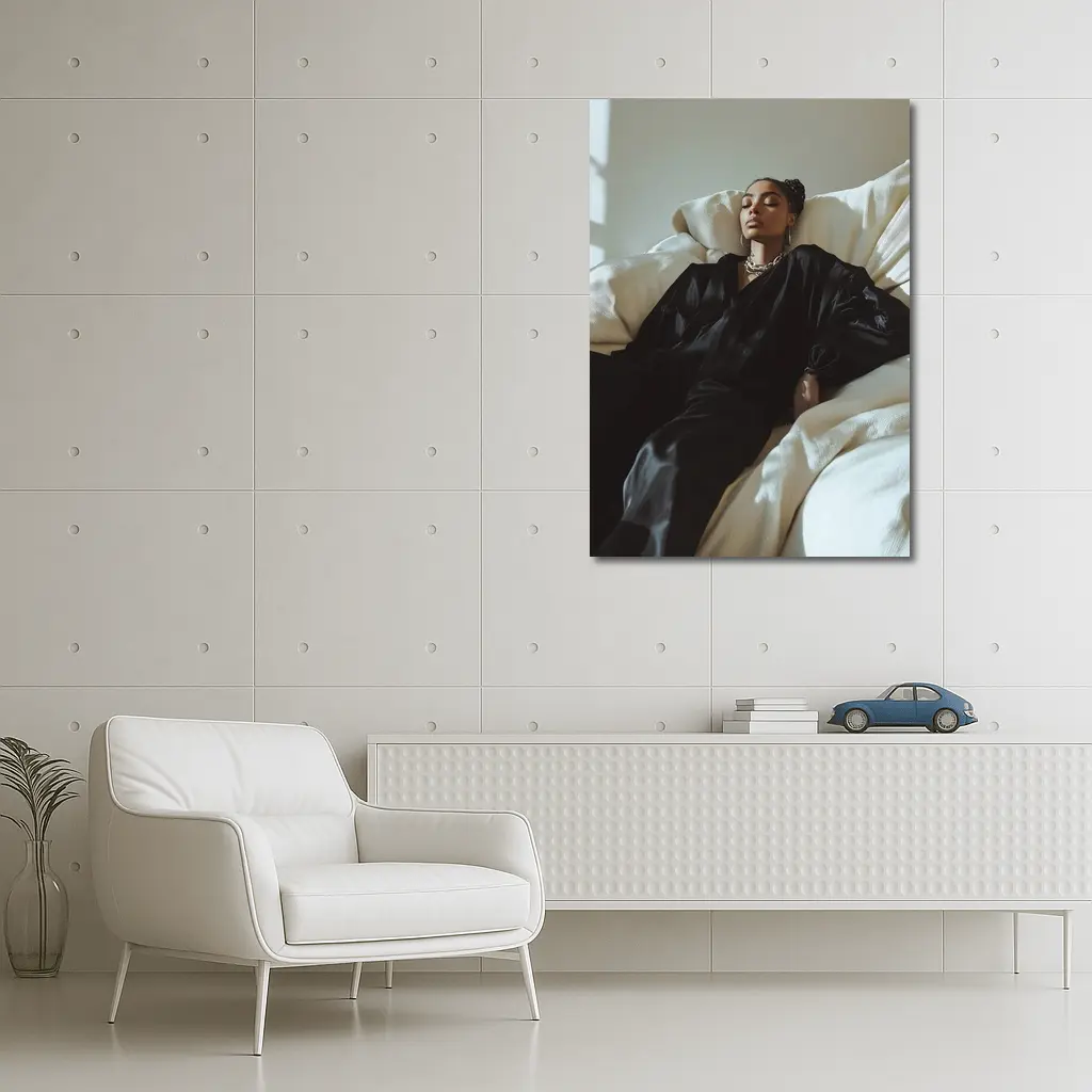 Woman in Black Silk Resting on White Sofa – Wall Art