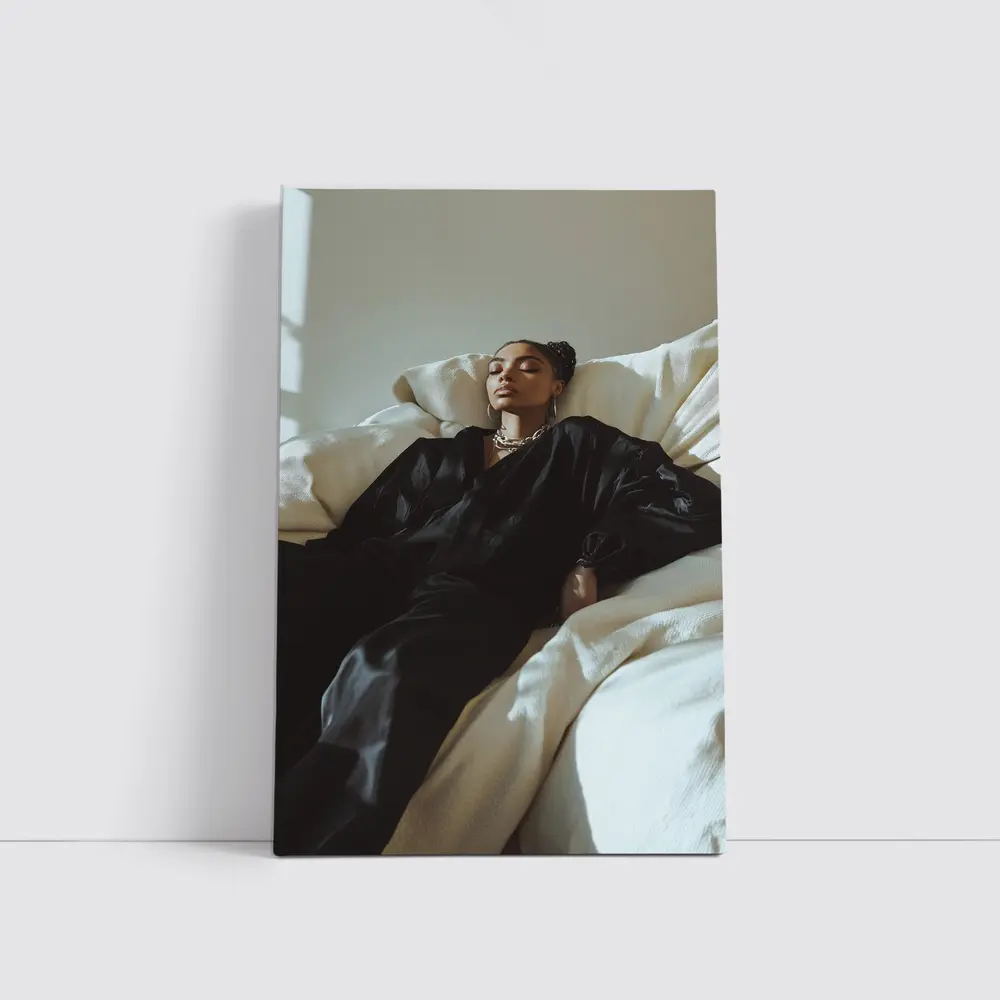 Woman in Black Silk Resting on White Sofa – Wall Art