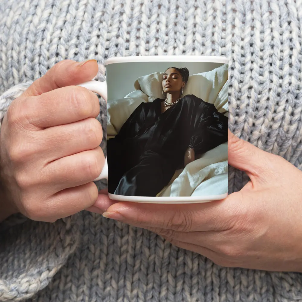 Woman in Black Silk Resting on White Sofa – Mugs