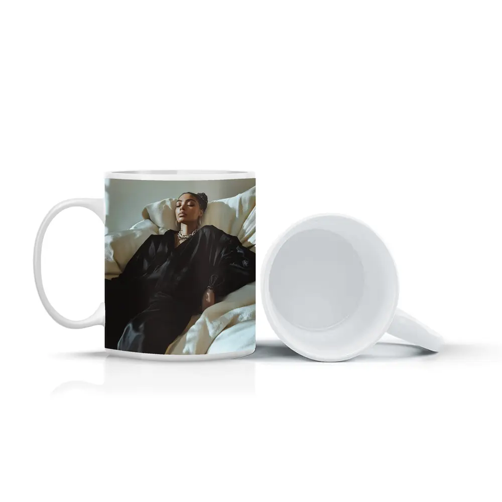 Woman in Black Silk Resting on White Sofa – Mugs