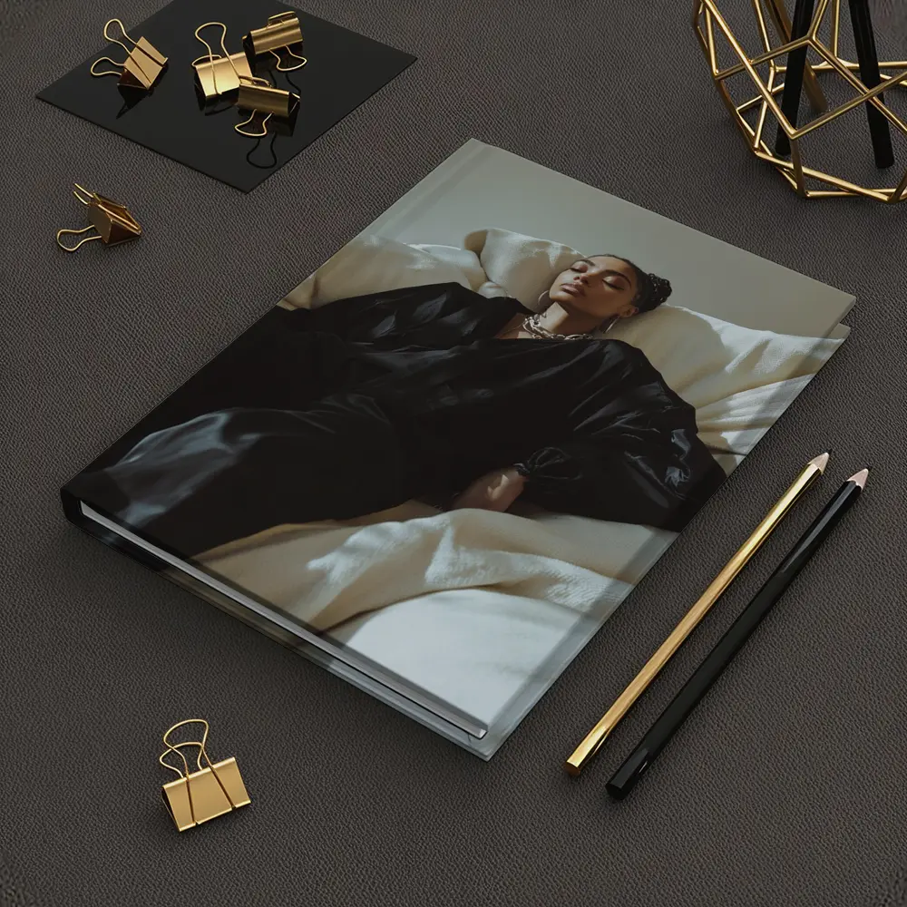 Woman in Black Silk Resting on White Sofa – Notebooks