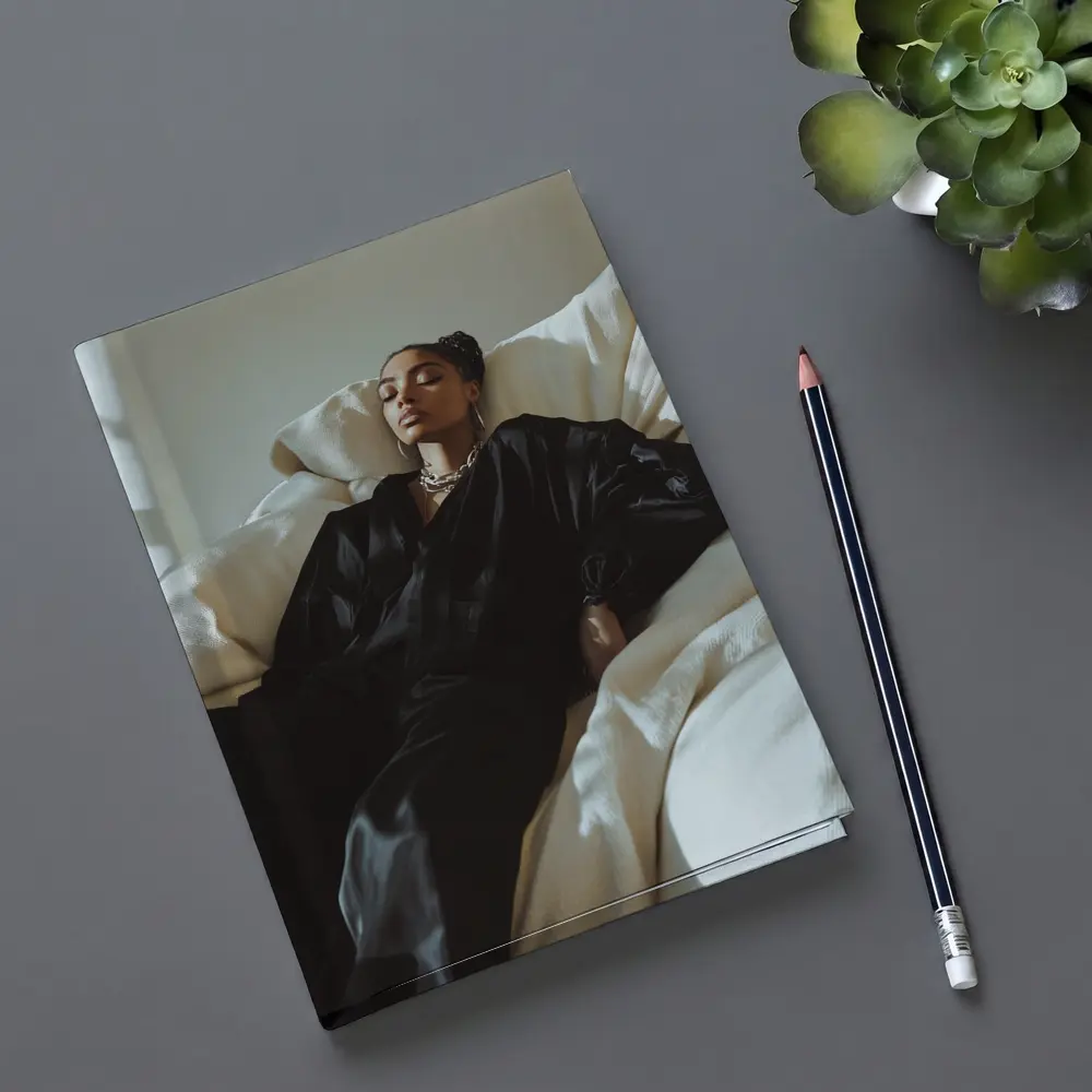 Woman in Black Silk Resting on White Sofa – Notebooks