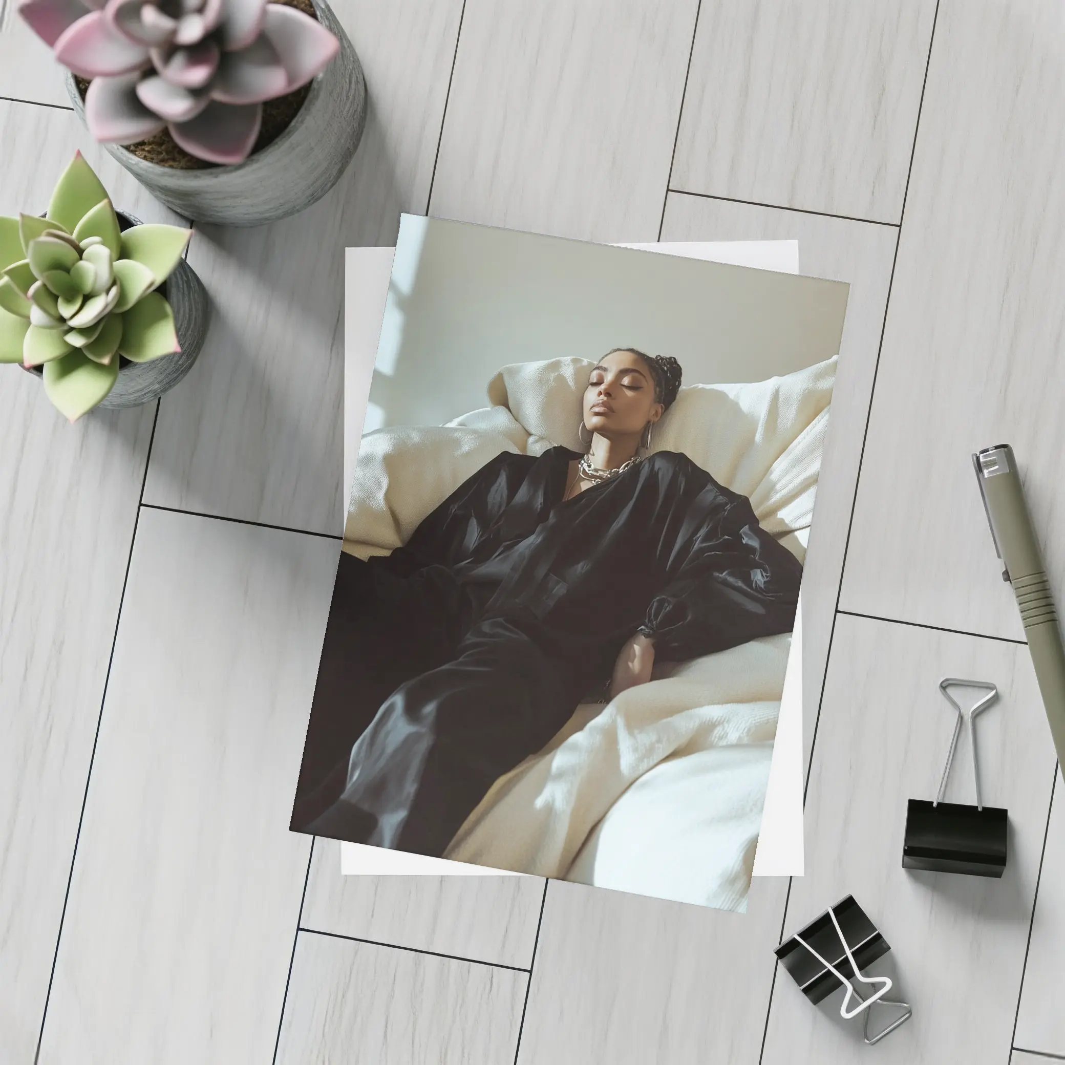 Woman in Black Silk Resting on White Sofa – Postcards