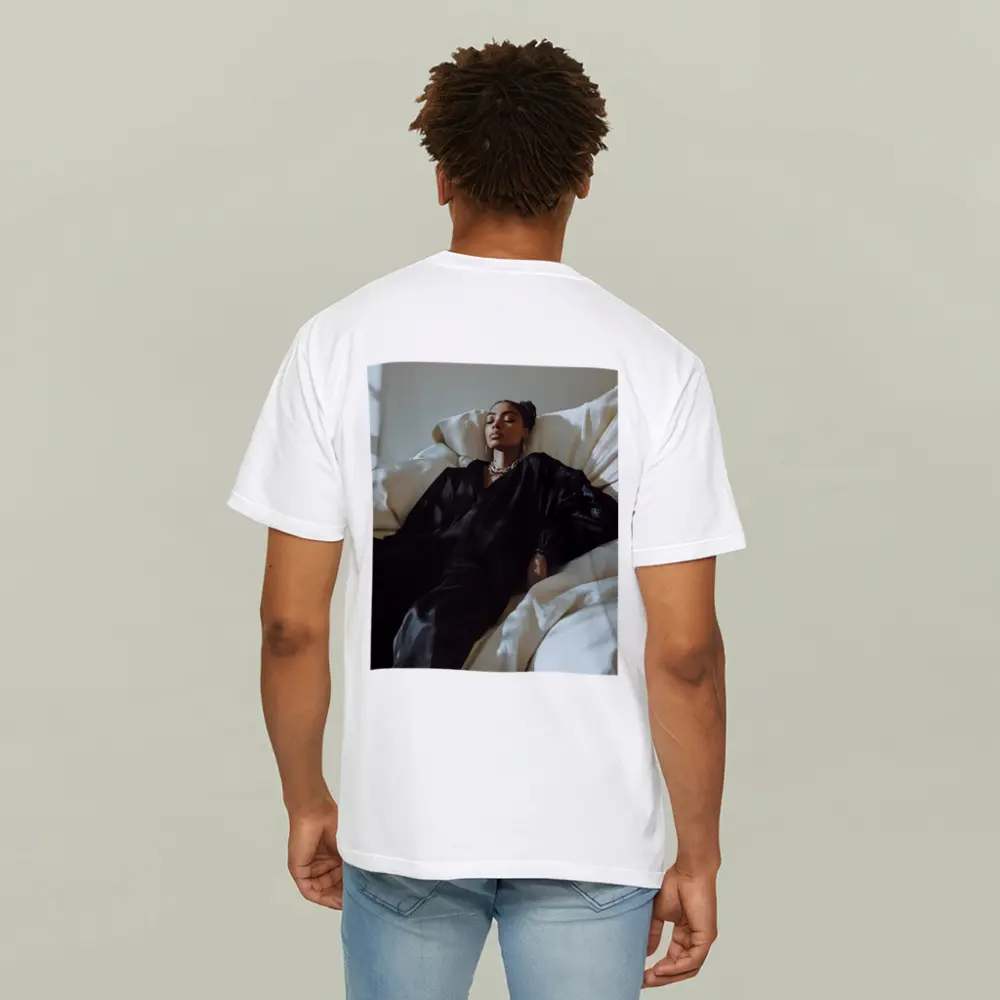 Woman in Black Silk Resting on White Sofa – T-Shirts