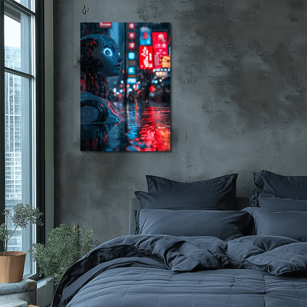 Cyberpunk Robot Rainy Neon City Night – Wall Art