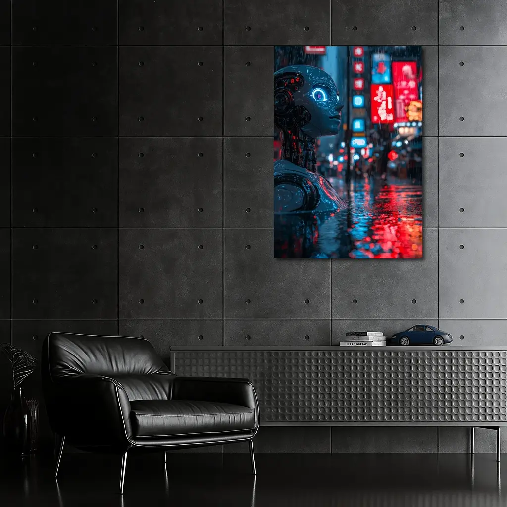 Cyberpunk Robot Rainy Neon City Night – Wall Art