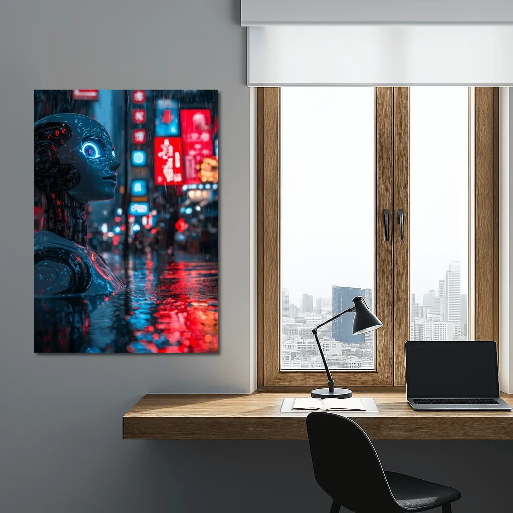 Cyberpunk Robot Rainy Neon City Night – Wall Art