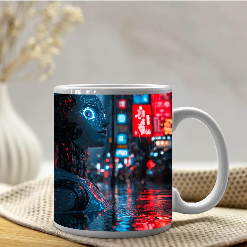 Cyberpunk Robot Rainy Neon City Night – Mugs