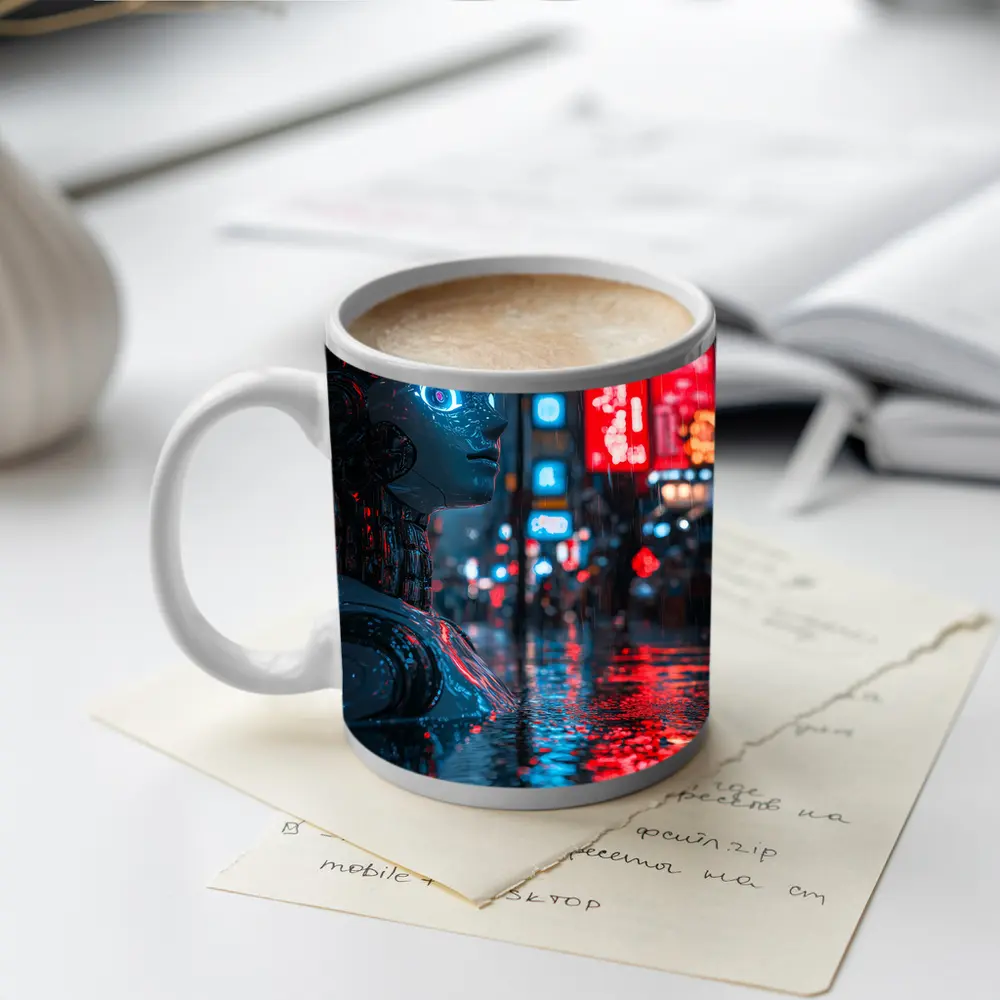 Cyberpunk Robot Rainy Neon City Night – Mugs