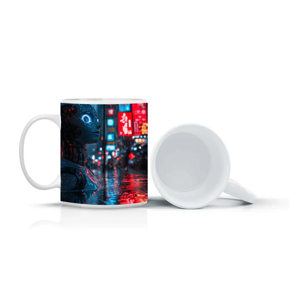 Cyberpunk Robot Rainy Neon City Night – Mugs