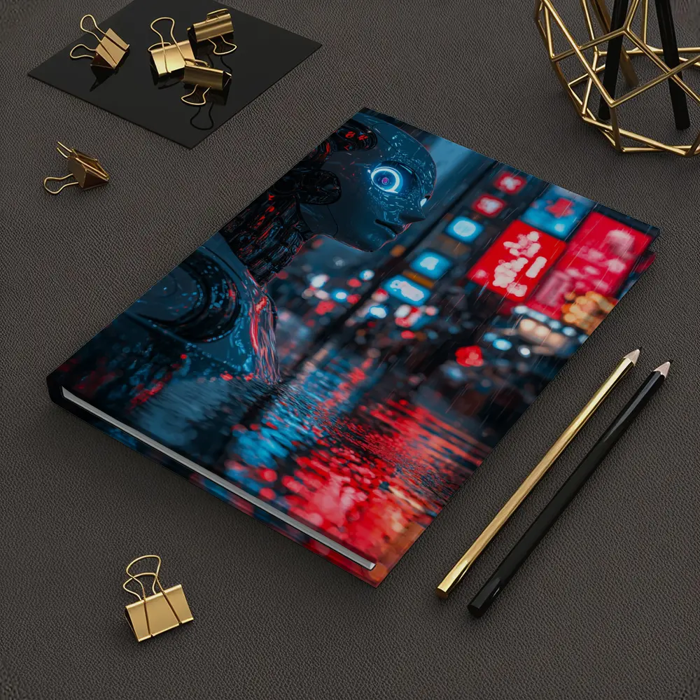 Cyberpunk Robot Rainy Neon City Night – Notebooks