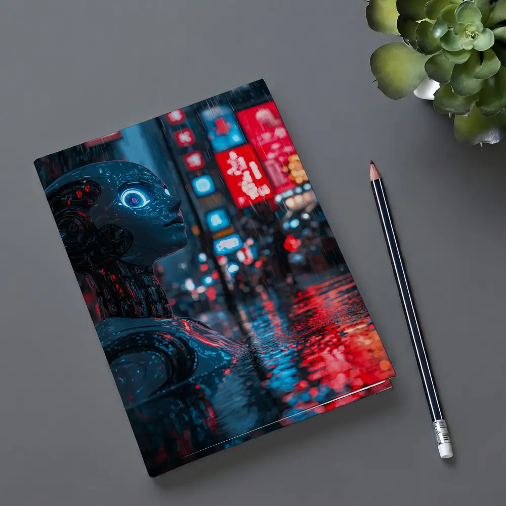 Cyberpunk Robot Rainy Neon City Night – Notebooks