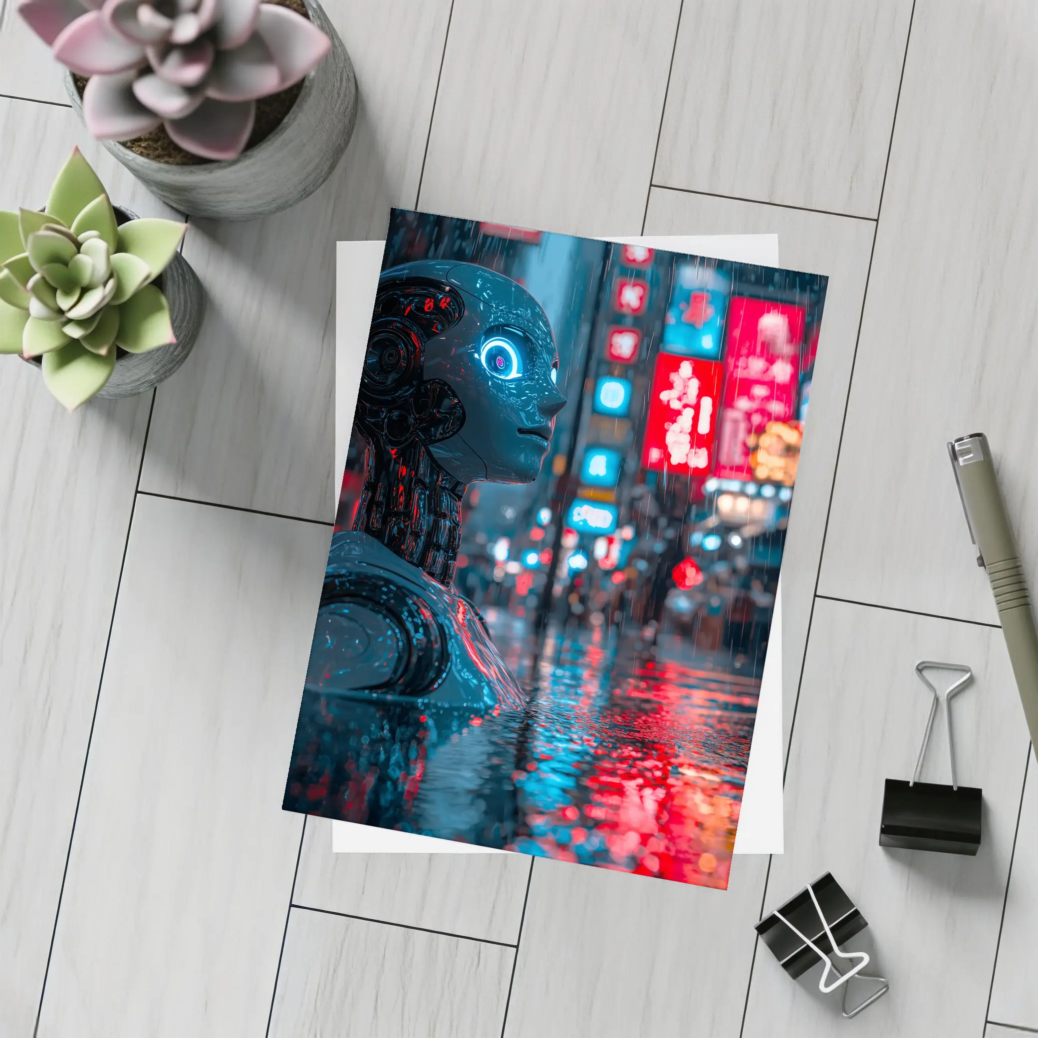 Cyberpunk Robot Rainy Neon City Night – Postcards
