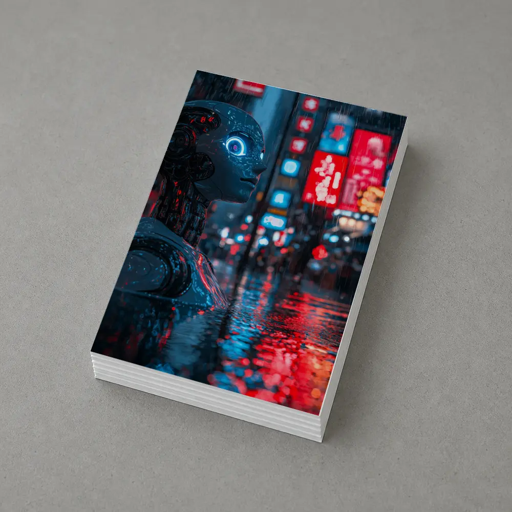 Cyberpunk Robot Rainy Neon City Night – Postcards