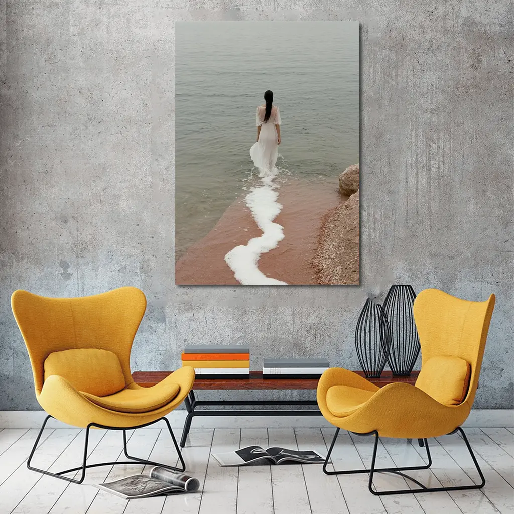 Woman White Dress Walking Into Calm Sea – Wall Art