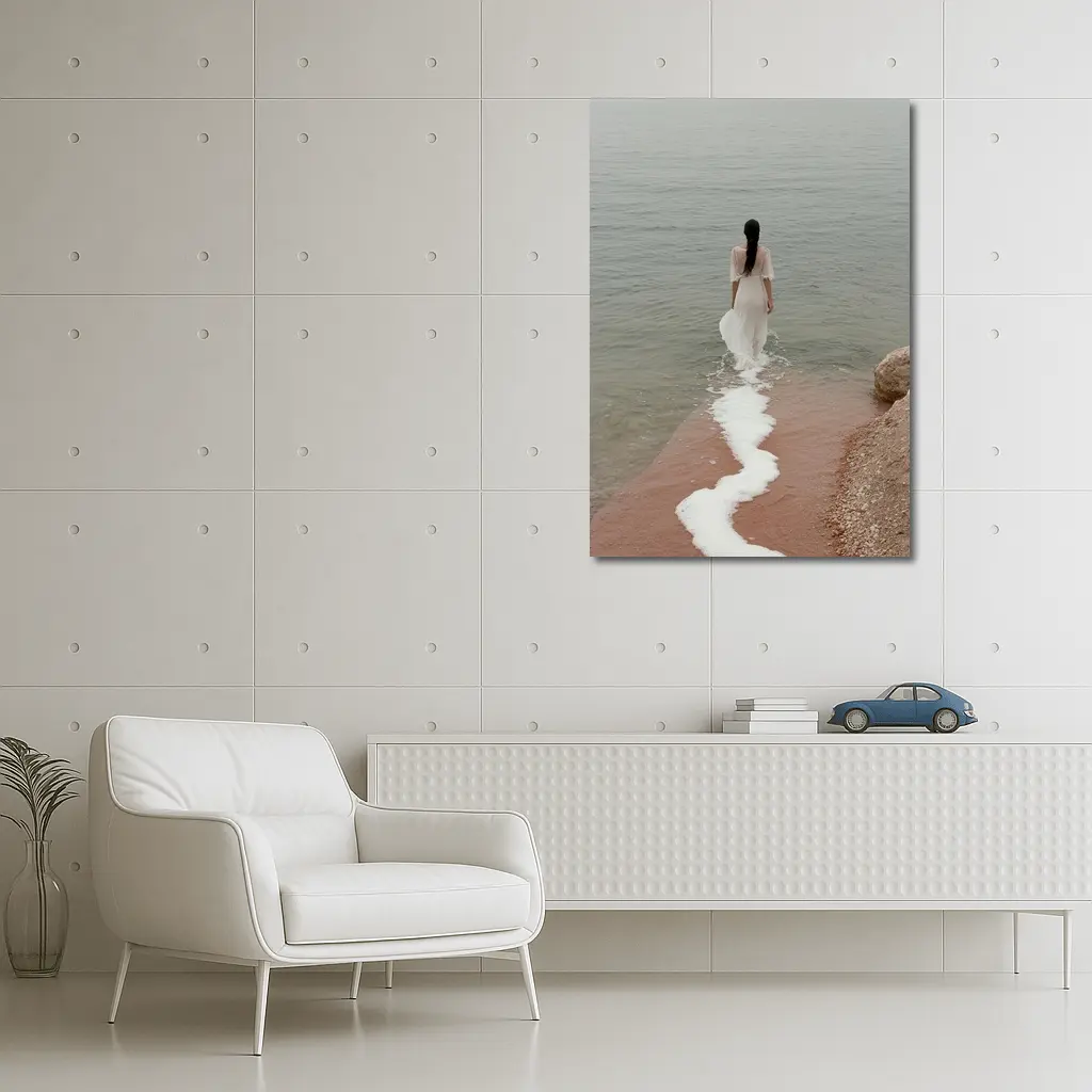 Woman White Dress Walking Into Calm Sea – Wall Art