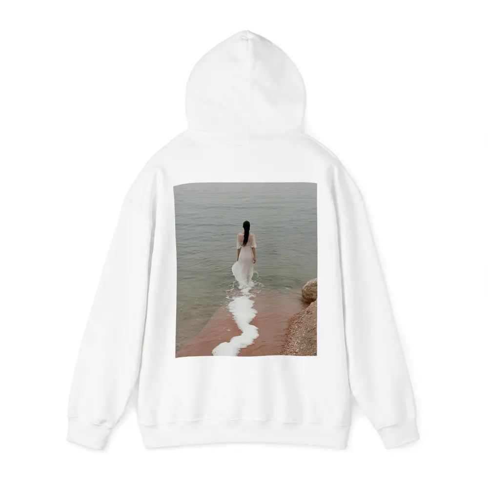 Woman White Dress Walking Into Calm Sea – Hoodies
