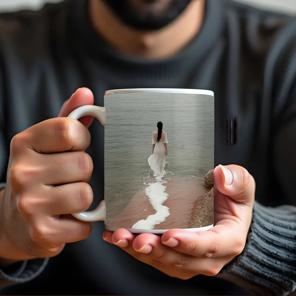 Woman White Dress Walking Into Calm Sea – Mugs