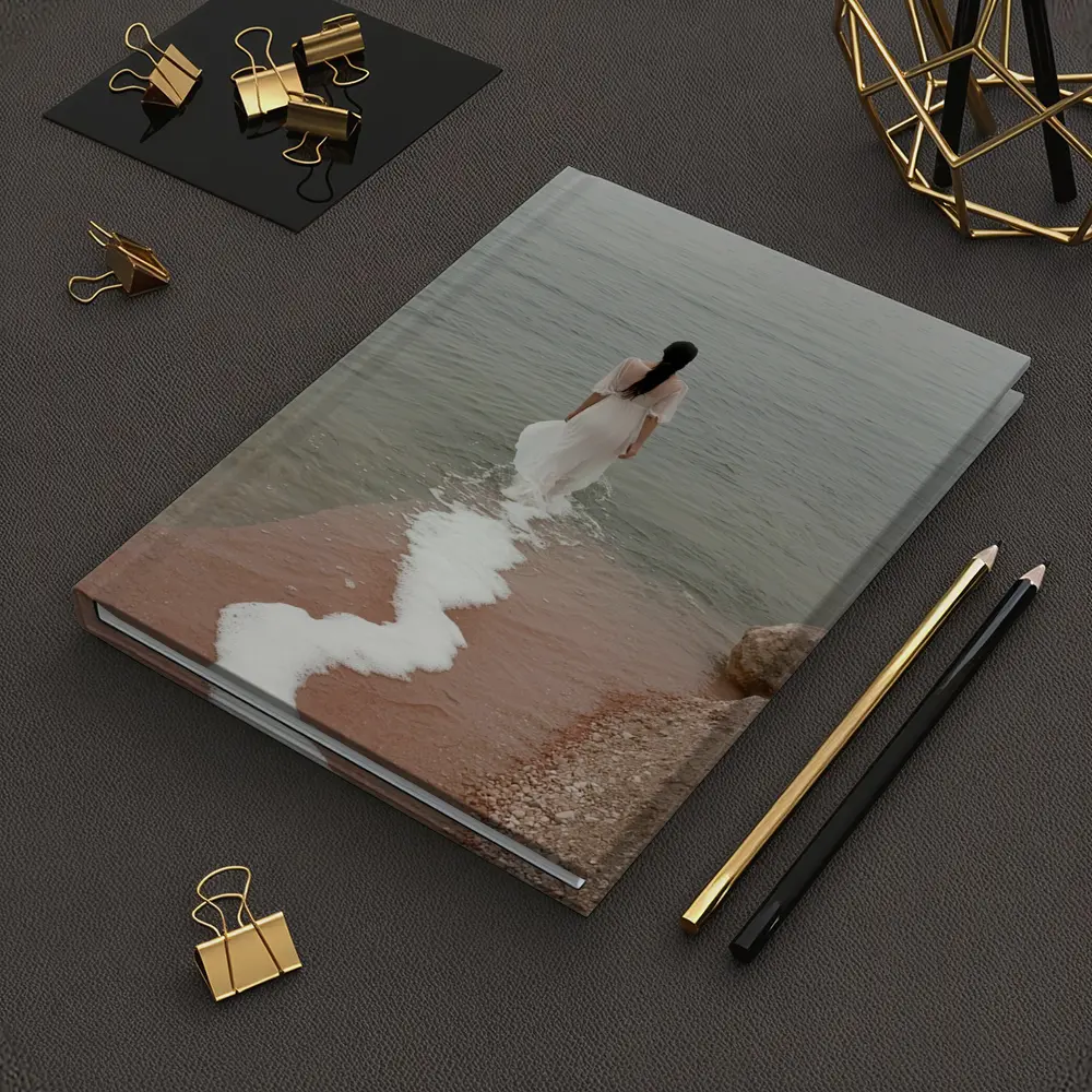 Woman White Dress Walking Into Calm Sea – Notebooks