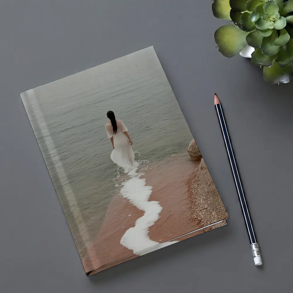 Woman White Dress Walking Into Calm Sea – Notebooks