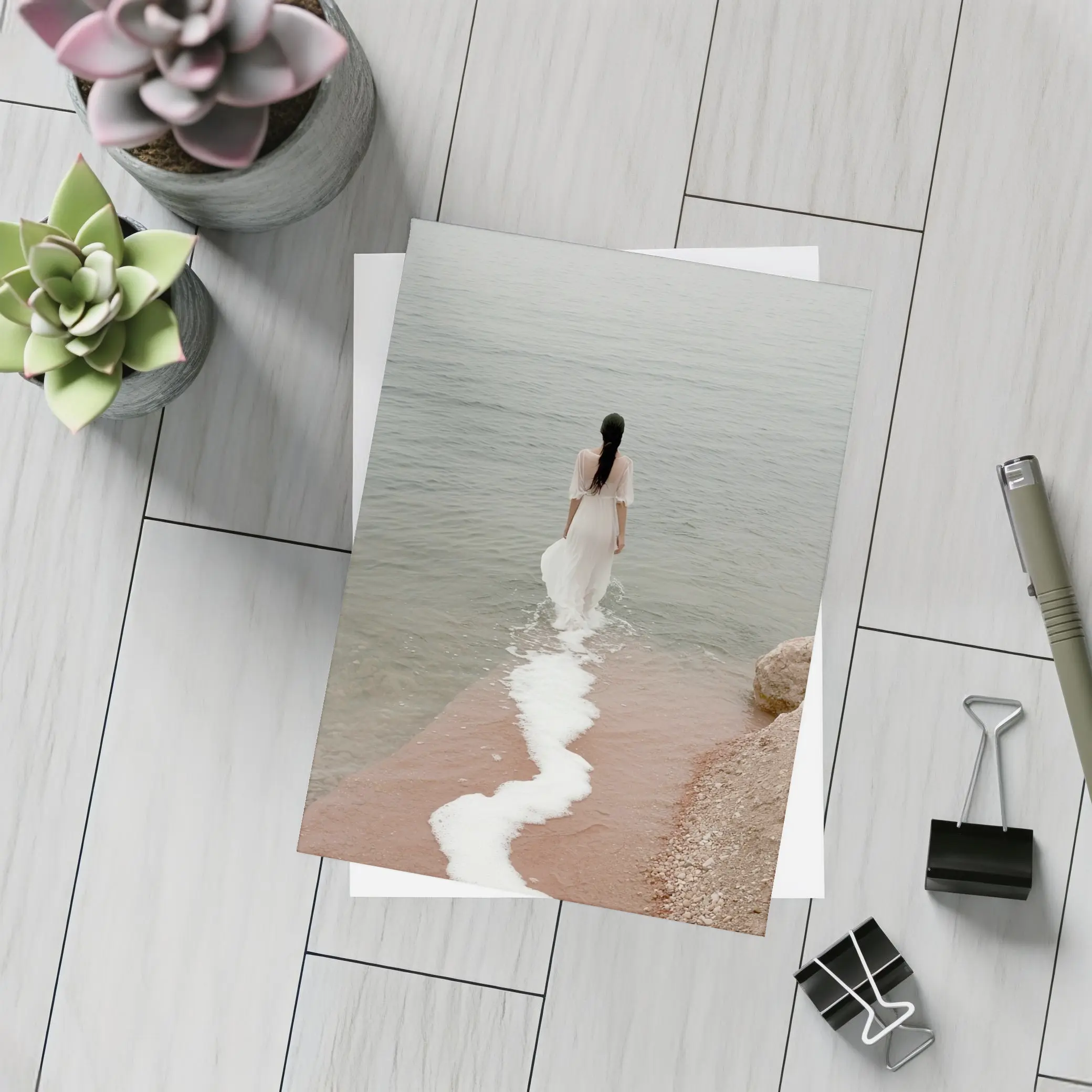 Woman White Dress Walking Into Calm Sea – Postcards