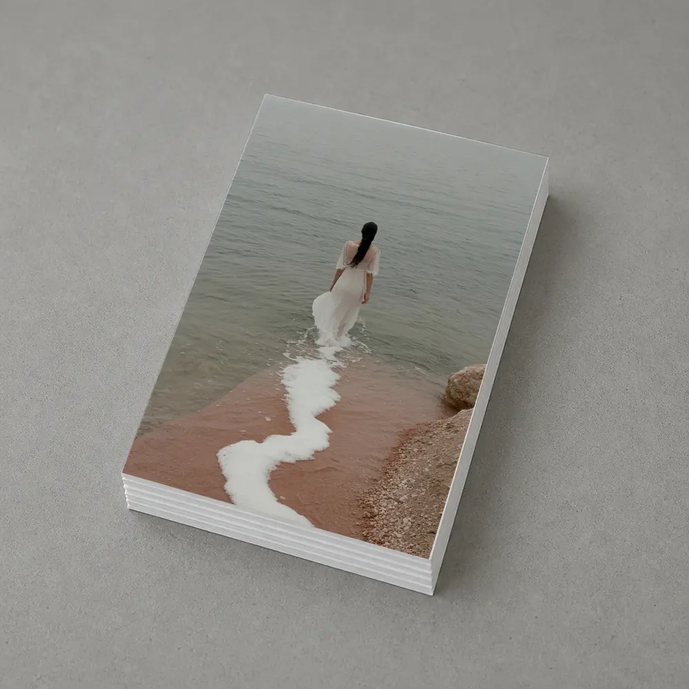 Woman White Dress Walking Into Calm Sea – Postcards
