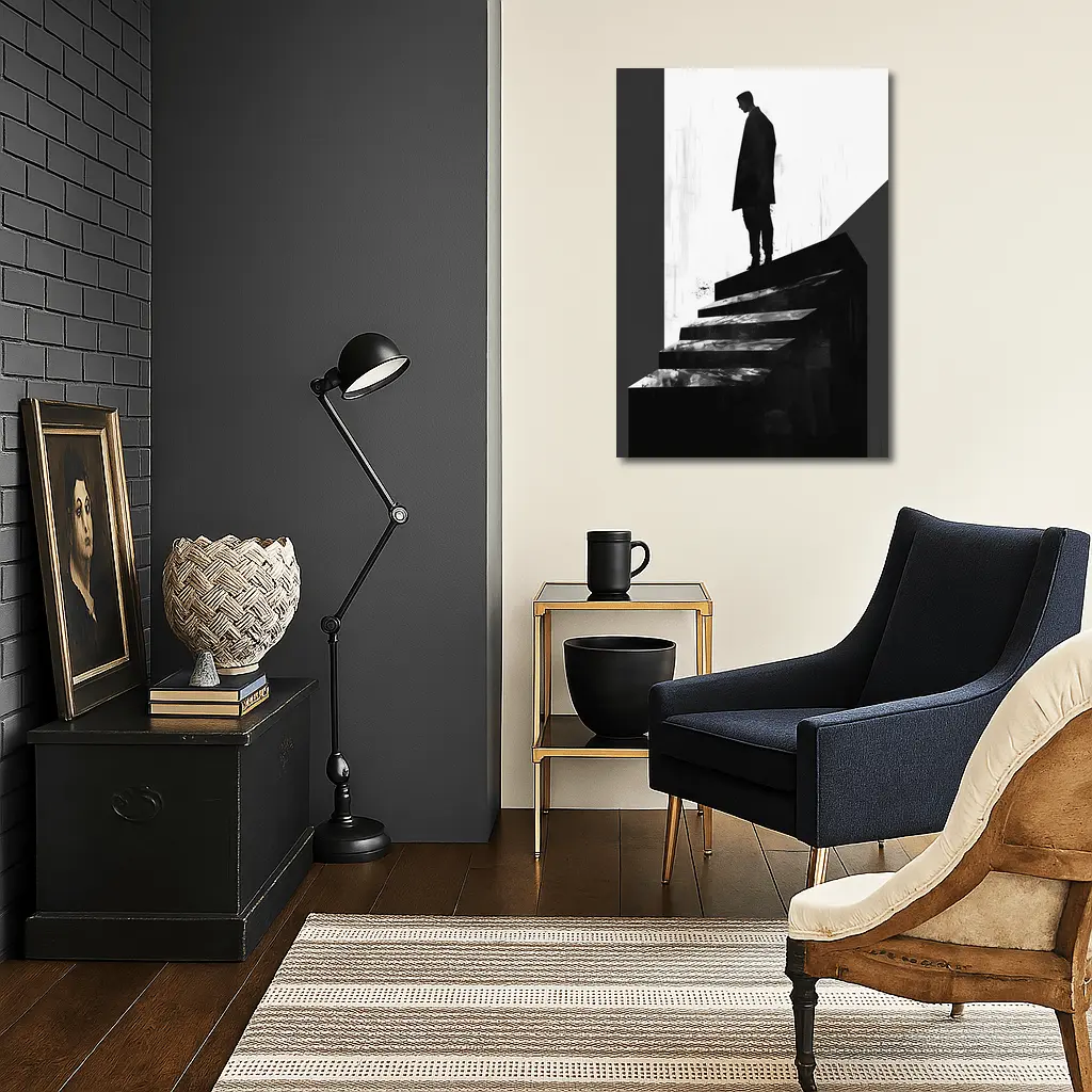 Man Standing Atop Dark Stairs Black White – Wall Art