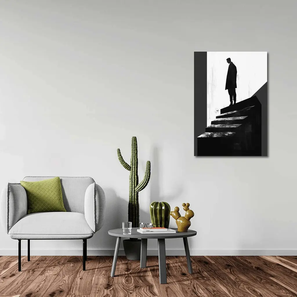 Man Standing Atop Dark Stairs Black White – Wall Art