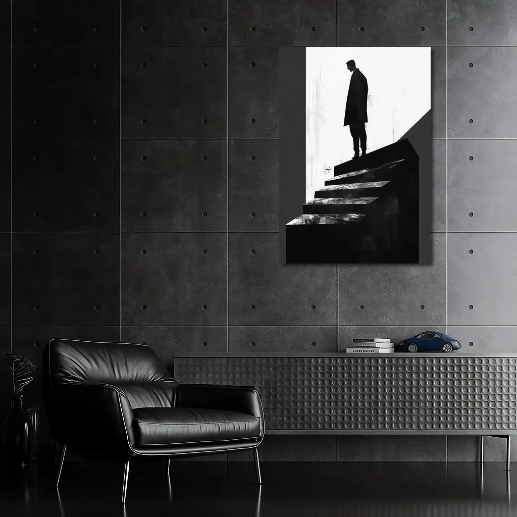 Man Standing Atop Dark Stairs Black White – Wall Art