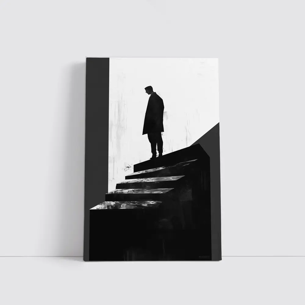 Man Standing Atop Dark Stairs Black White – Wall Art