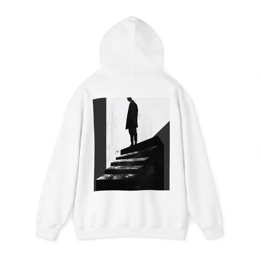 Man Standing Atop Dark Stairs Black White – Hoodies