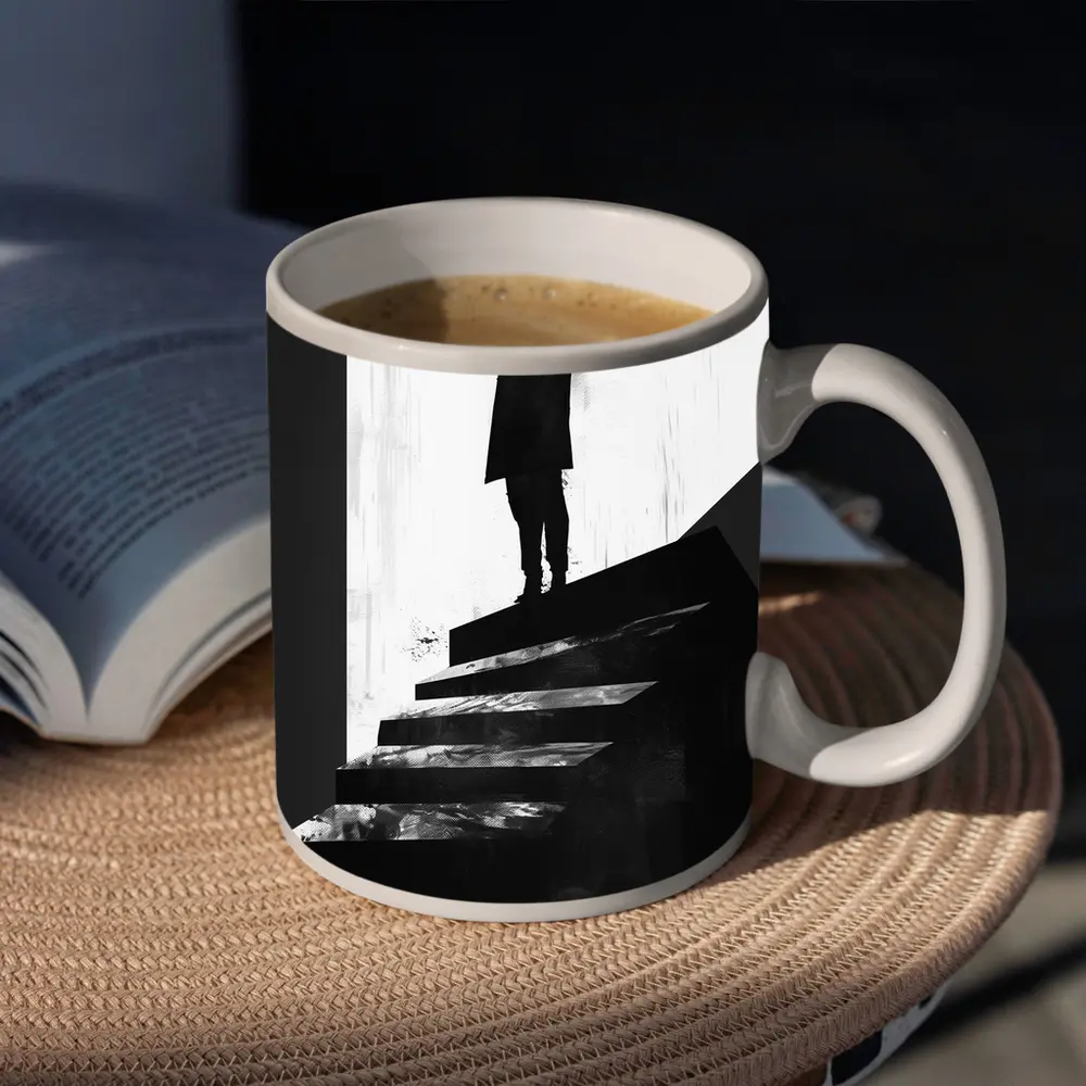 Man Standing Atop Dark Stairs Black White – Mugs