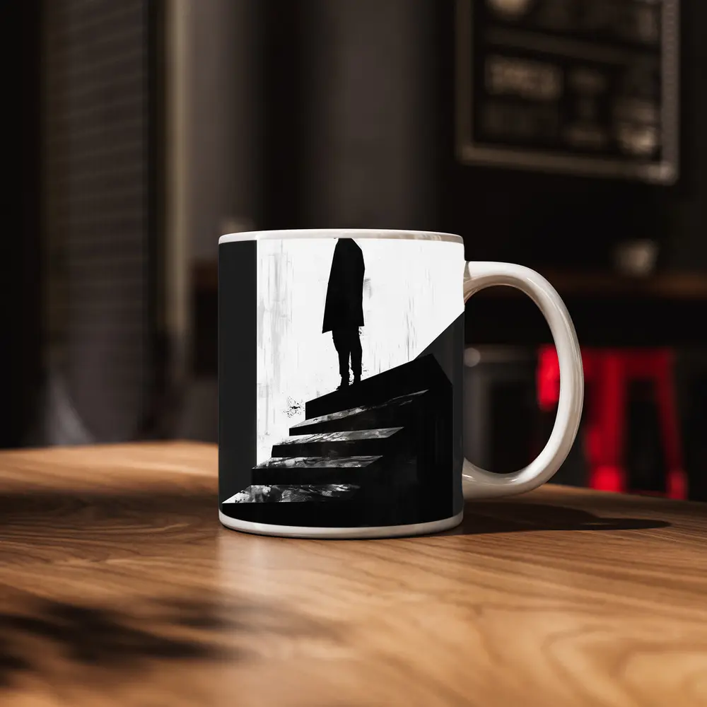 Man Standing Atop Dark Stairs Black White – Mugs