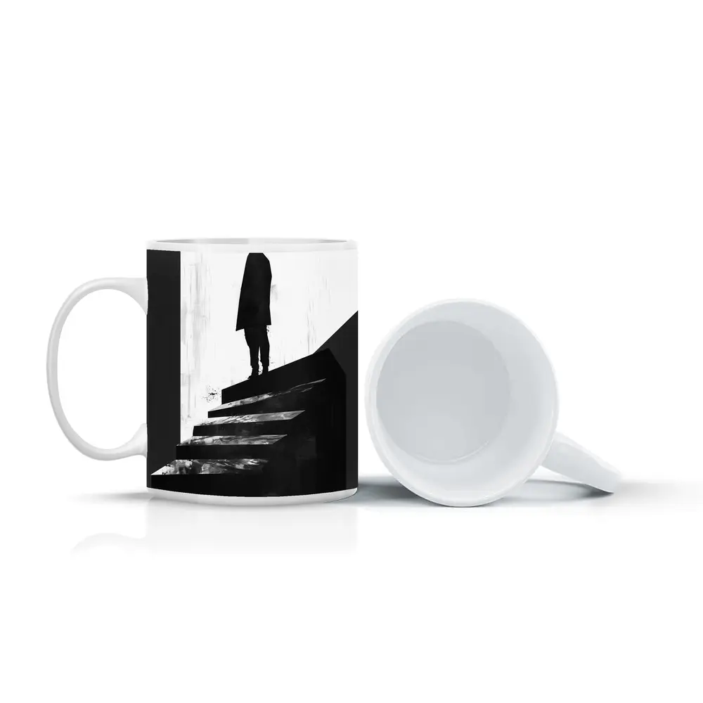 Man Standing Atop Dark Stairs Black White – Mugs
