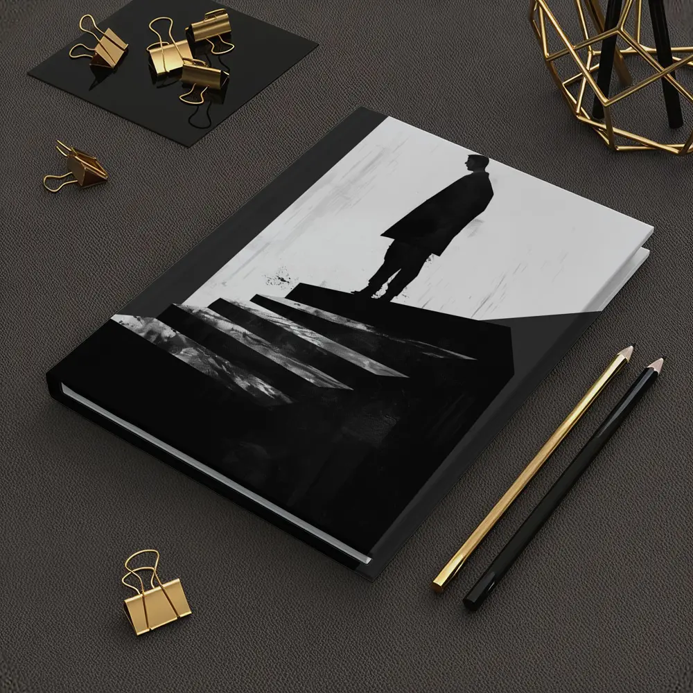 Man Standing Atop Dark Stairs Black White – Notebooks