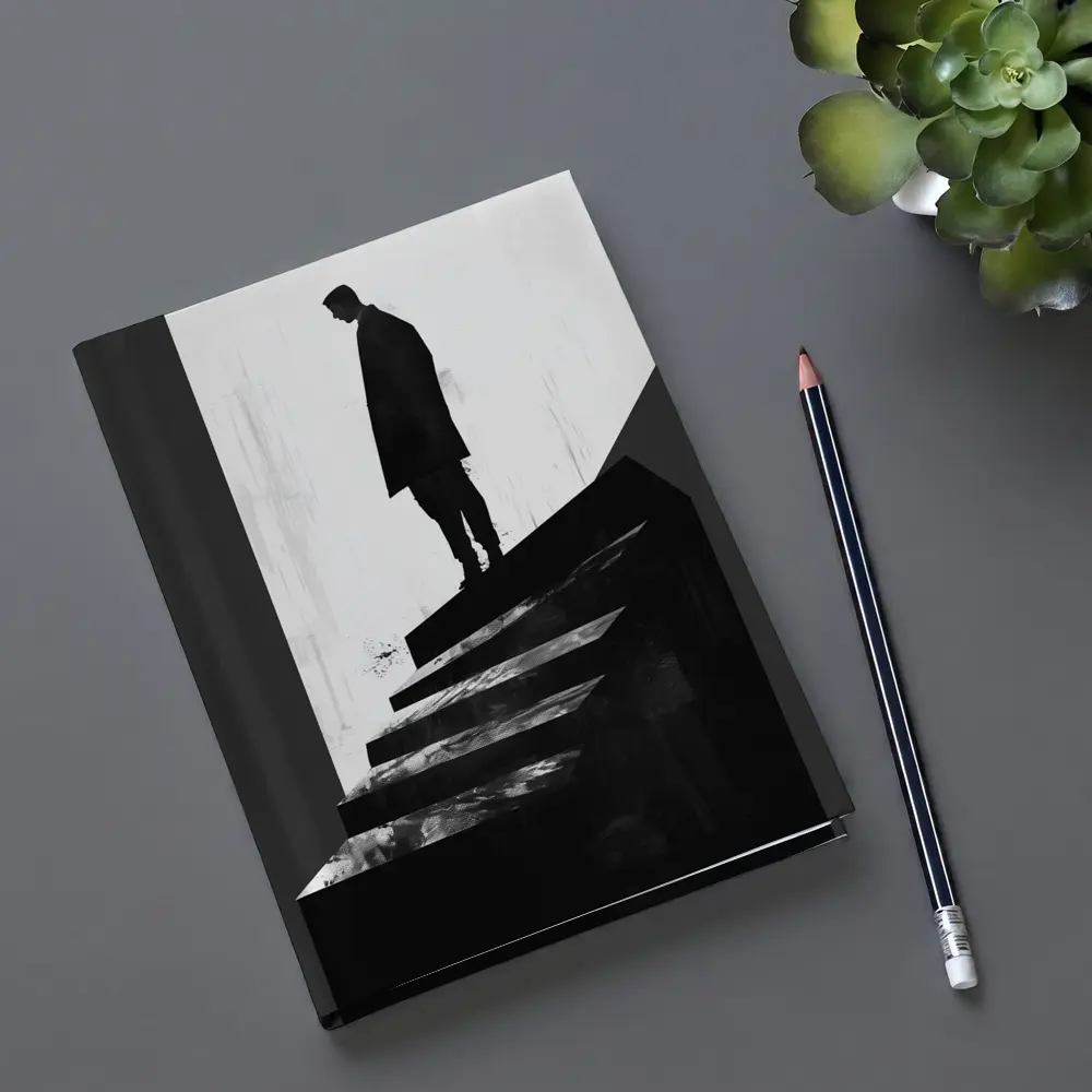 Man Standing Atop Dark Stairs Black White – Notebooks