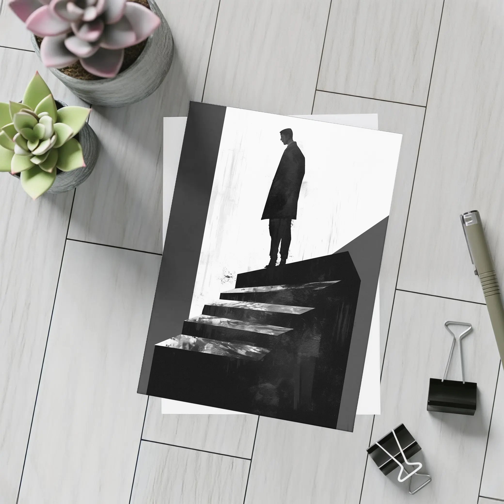 Man Standing Atop Dark Stairs Black White – Postcards