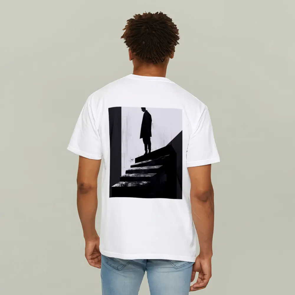 Man Standing Atop Dark Stairs Black White – T-Shirts