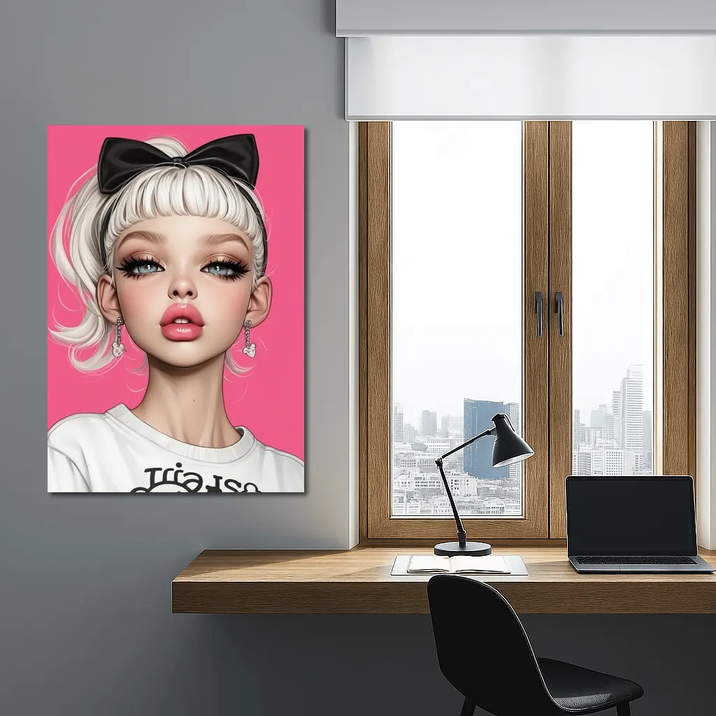 White Hair Girl Black Bow Pink Background – Wall Art
