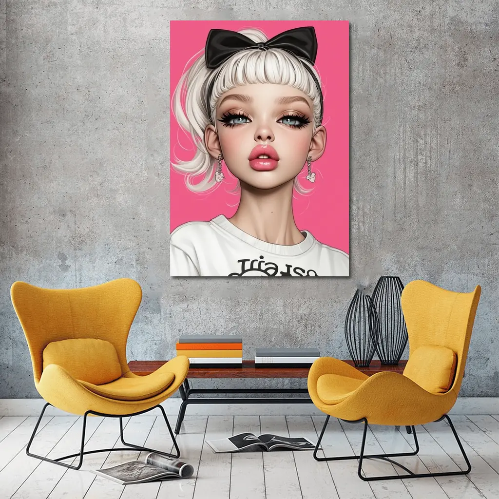 White Hair Girl Black Bow Pink Background – Wall Art