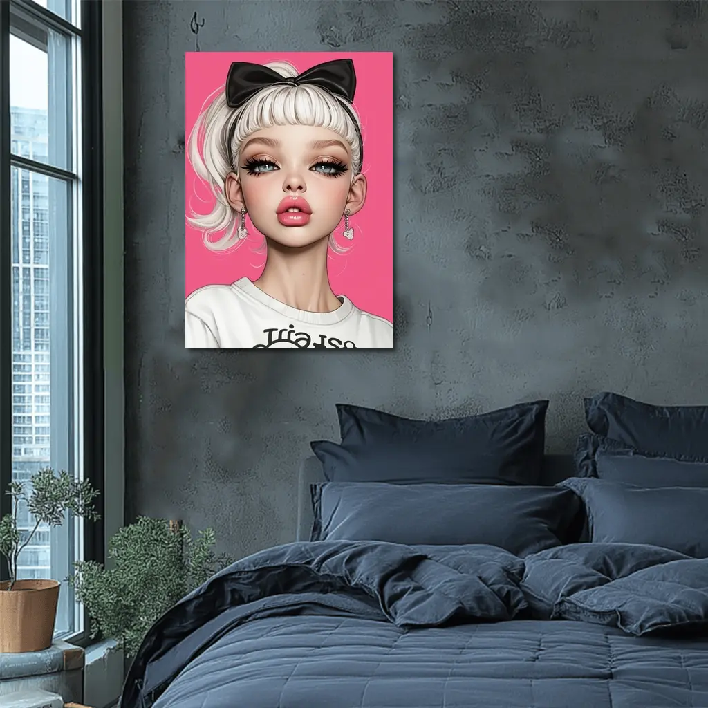 White Hair Girl Black Bow Pink Background – Wall Art