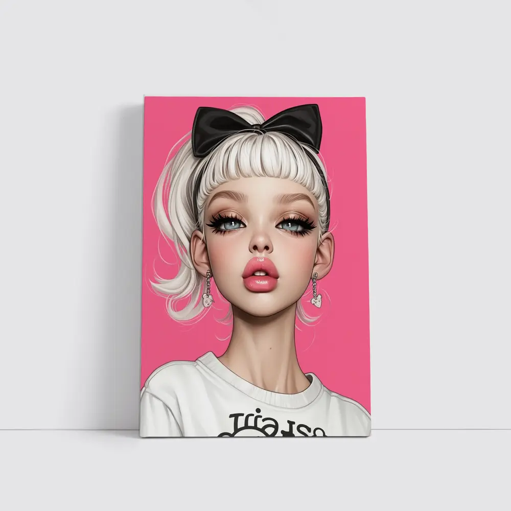 White Hair Girl Black Bow Pink Background – Wall Art