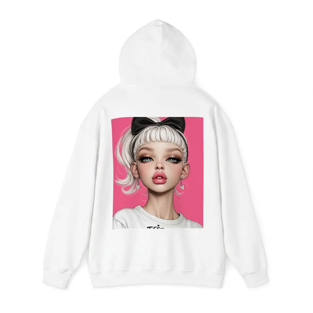 White Hair Girl Black Bow Pink Background – Hoodies
