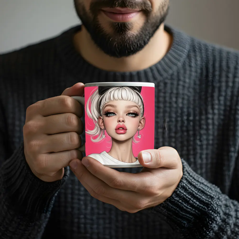 White Hair Girl Black Bow Pink Background – Mugs