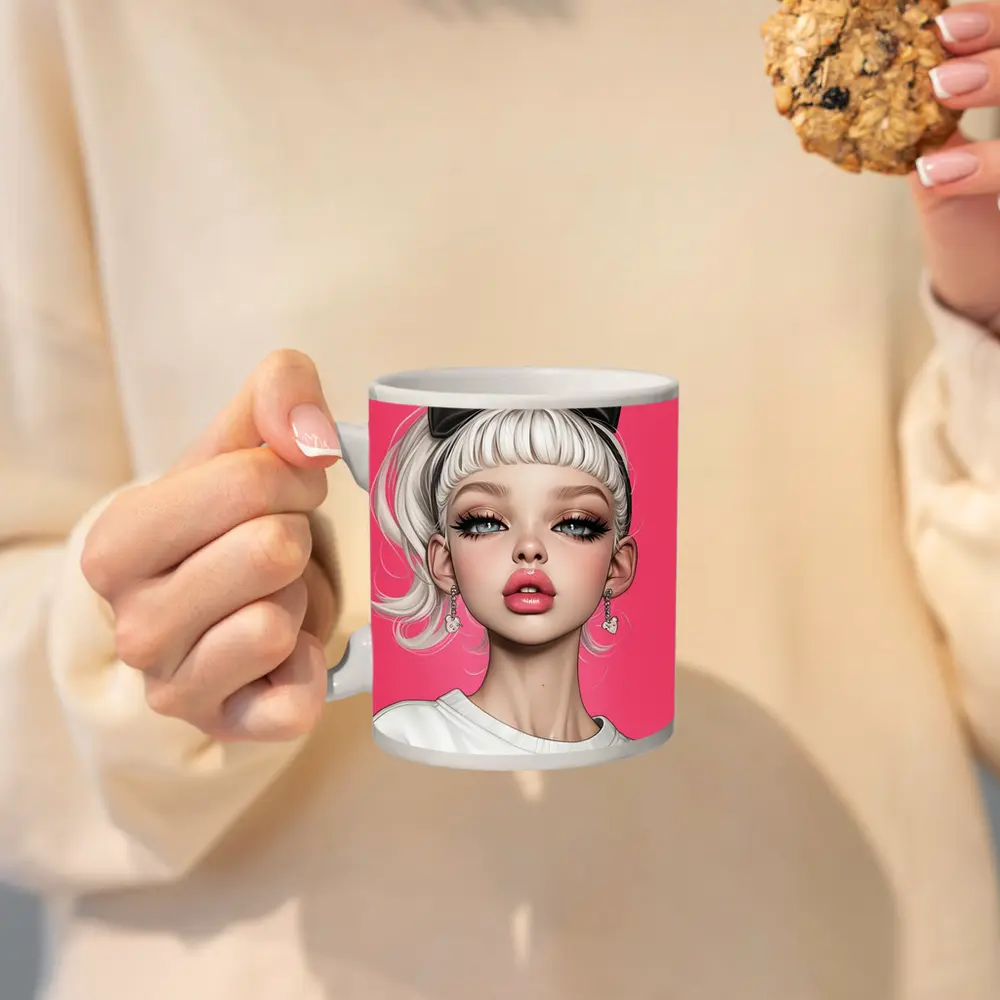 White Hair Girl Black Bow Pink Background – Mugs