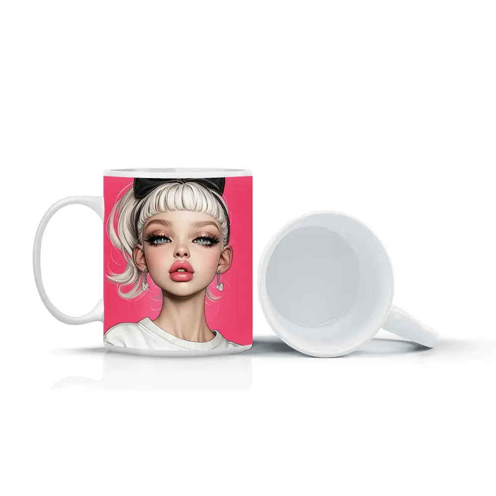 White Hair Girl Black Bow Pink Background – Mugs