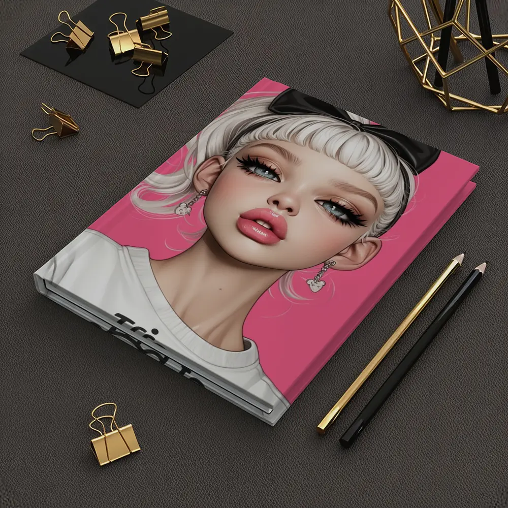 White Hair Girl Black Bow Pink Background – Notebooks
