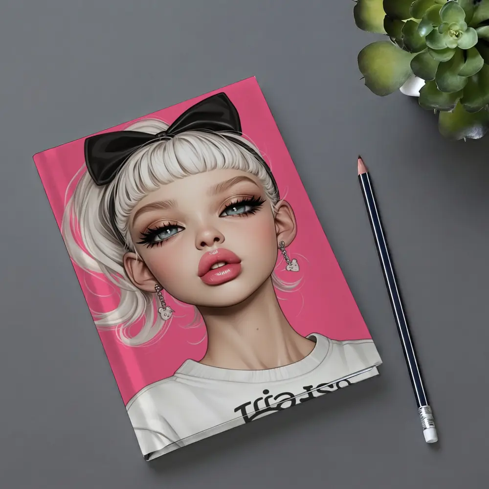 White Hair Girl Black Bow Pink Background – Notebooks