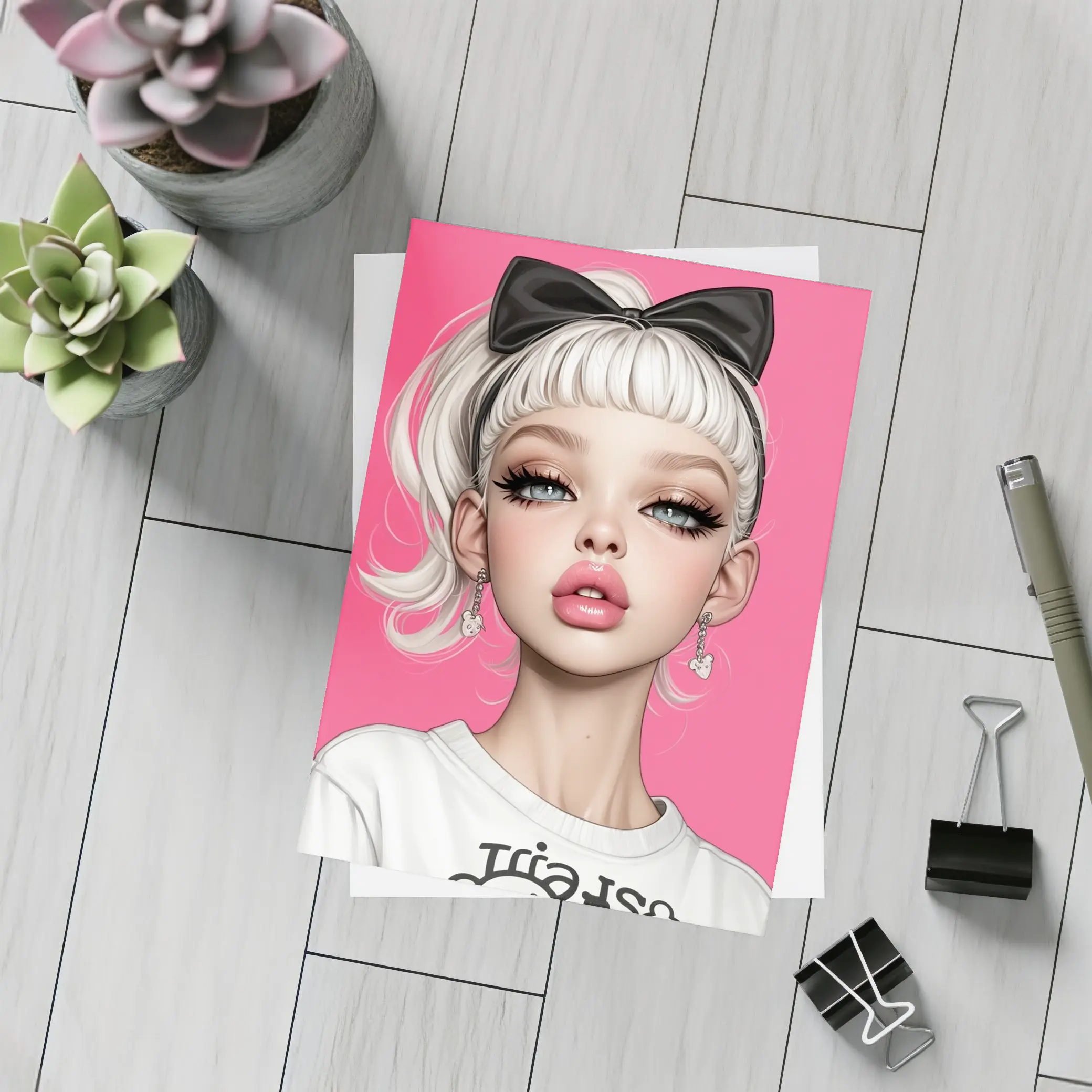 White Hair Girl Black Bow Pink Background – Postcards