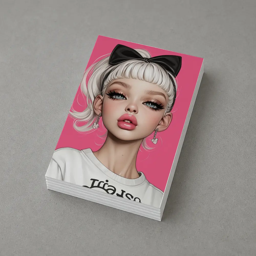 White Hair Girl Black Bow Pink Background – Postcards